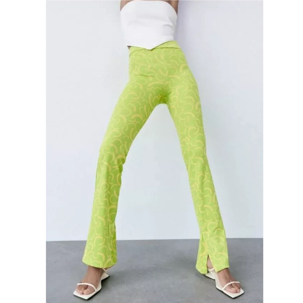 Zara NWT Lime Green & Yellow Knit Flare Jacquard Pant Size Small - Picture 3 of 9